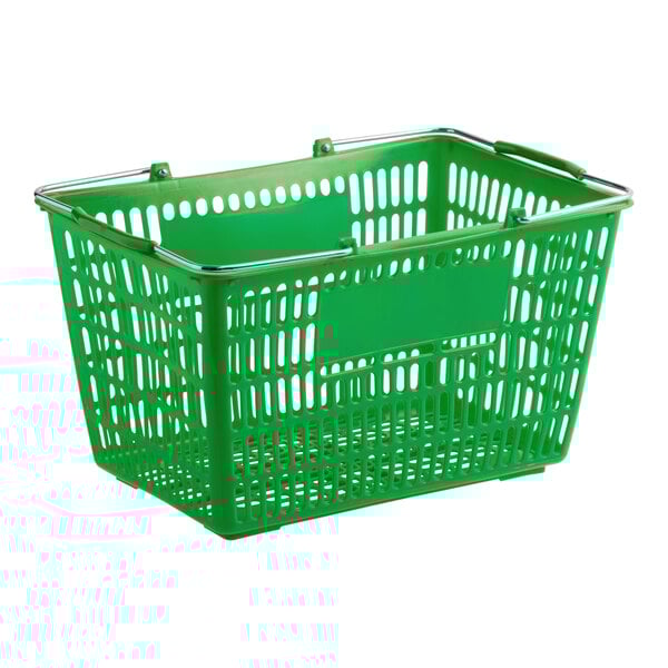 A green plastic grocery market shopping basket with metal handles.