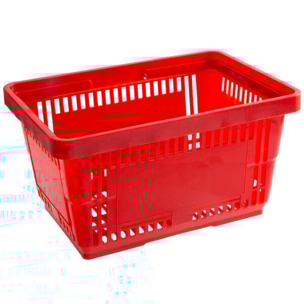 A red plastic shopping basket with plastic handles.