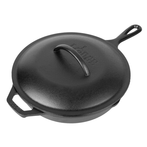 A Lodge pre-seasoned cast iron grill pan with a handle.