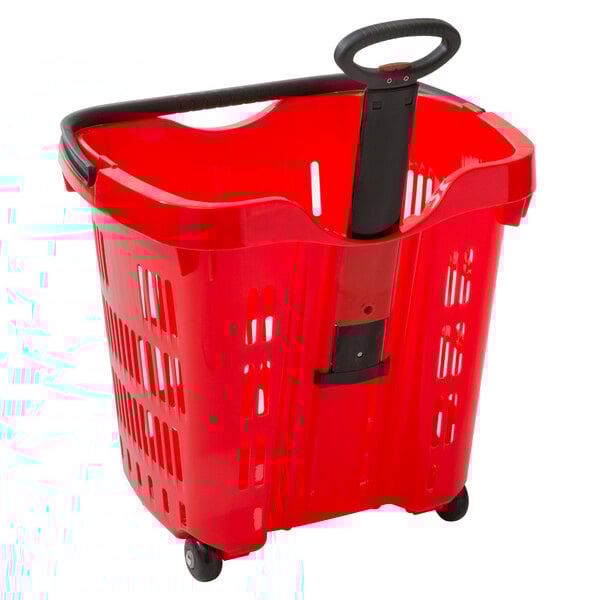 A red plastic shopping basket with black wheels and a black handle.