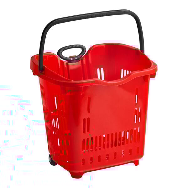 A red plastic grocery market shopping basket with wheels and a black handle.