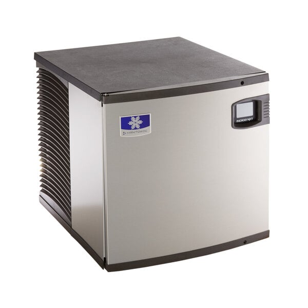 A silver and black Manitowoc IYT0420W-161 water cooled ice machine.