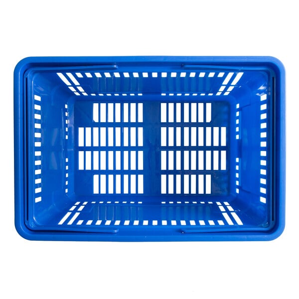 A blue plastic Regency shopping basket with handles.