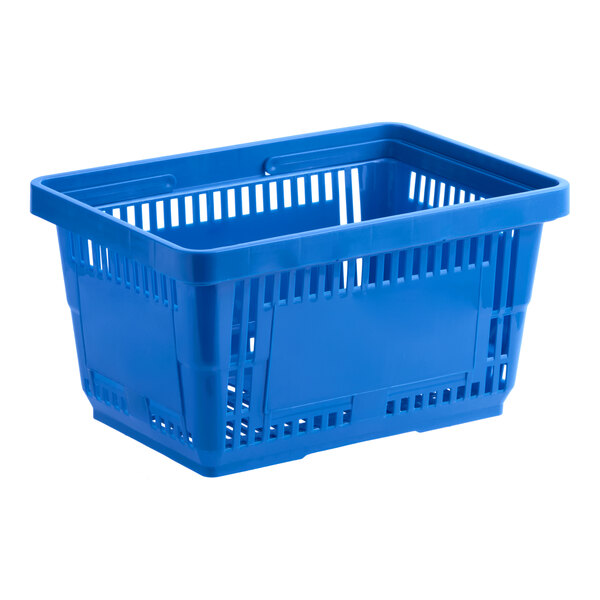 A blue plastic grocery market shopping basket with plastic handles.
