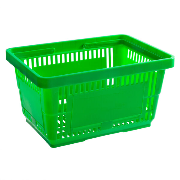 A green rectangular Regency plastic shopping basket with handles.