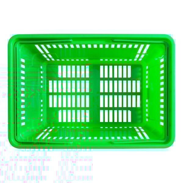 A green plastic basket with holes on it.