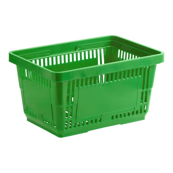 A green plastic grocery market shopping basket with plastic handles.