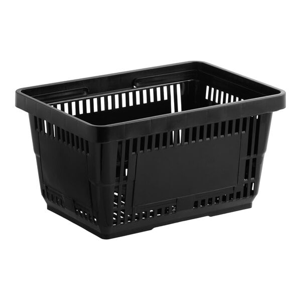 A black plastic grocery market shopping basket with plastic handles.