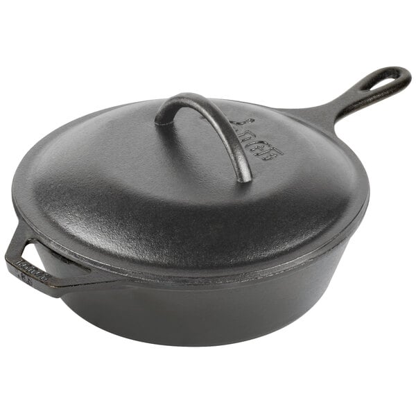 A Lodge pre-seasoned cast iron skillet with a lid.