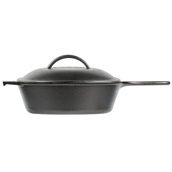 A Lodge cast iron skillet with a lid on a white background.