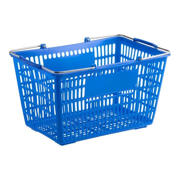 A blue plastic grocery market shopping basket with metal handles.
