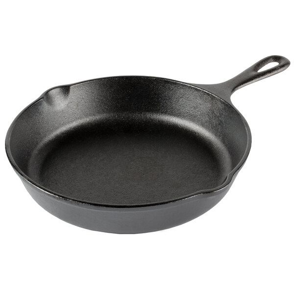 A black Lodge cast iron skillet with a cover.