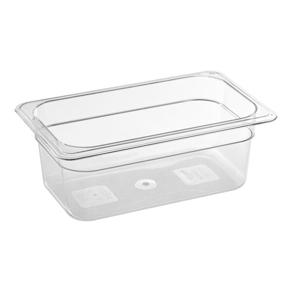 A Carlisle clear plastic food pan with a lid.