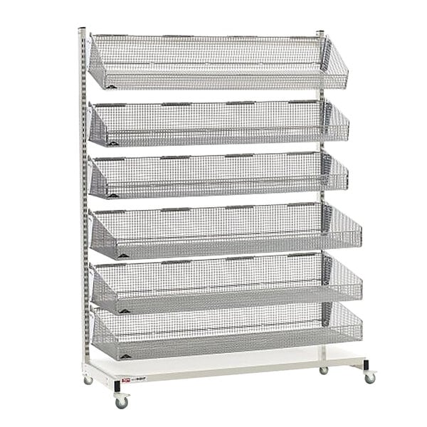 A Metro qwikSIGHT single-sided six-level basket supply rack with six baskets.