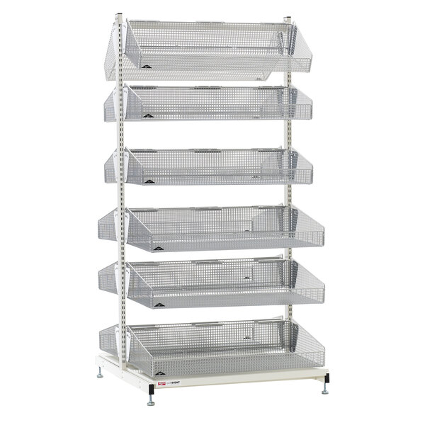 A Metro qwikSIGHT double-sided metal basket supply rack with six levels of metal grid shelves.