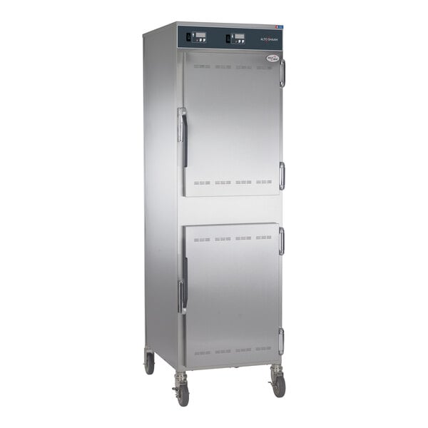 A stainless steel mobile low temperature holding and proofing cabinet with two Dutch doors and control panel on top.