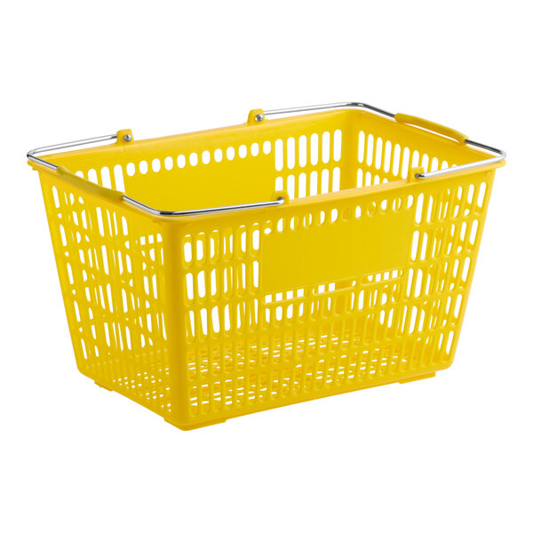 A yellow plastic grocery market shopping basket with a metal rim.