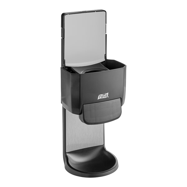 A graphite grey Purell ES4 manual hand sanitizer dispenser with a wall / floor shield.