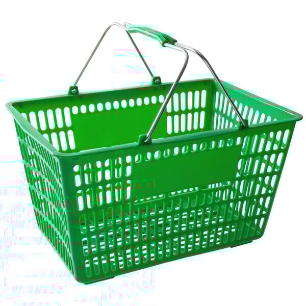 A green shopping basket with metal handles.
