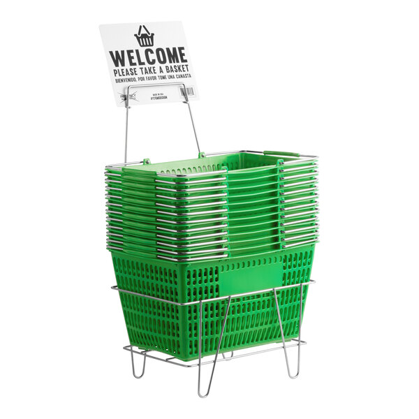 Regency Green 18 11/16" x 12 3/8" Plastic Grocery Market Shopping Baskets with Stand and Sign