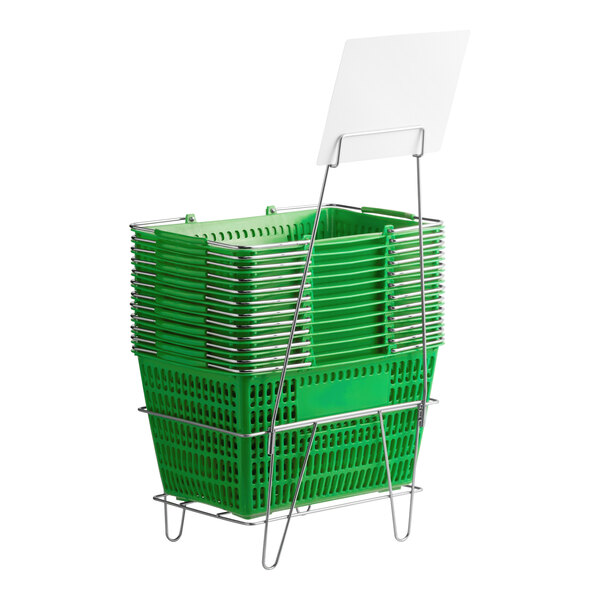 Regency Green 18 11/16" x 12 3/8" Plastic Grocery Market Shopping Baskets with Stand and Sign