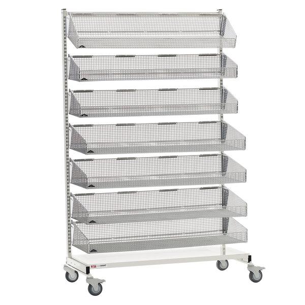 A Metro qwikSIGHT single-sided metal rack with seven basket levels on wheels.