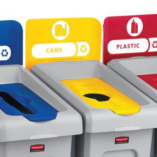 A yellow Rubbermaid Slim Jim recycling lid insert with a yellow recycle symbol.