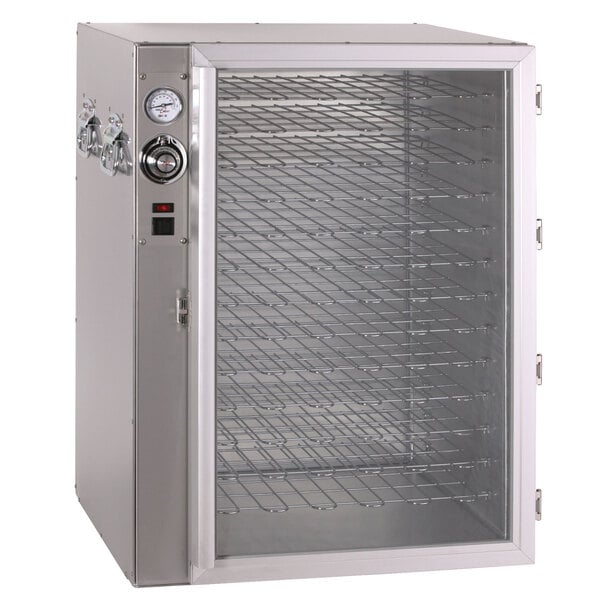 An Alto-Shaam stainless steel holding cabinet with shelves and a gauge.
