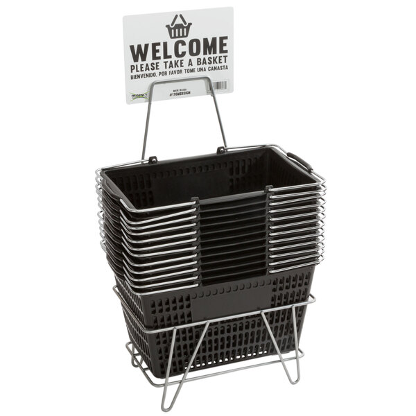 A stack of black Regency plastic shopping baskets on a stand with a sign.