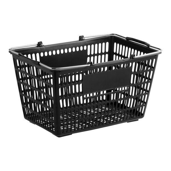 A black plastic grocery market shopping basket with a rectangular shape and open grid design.