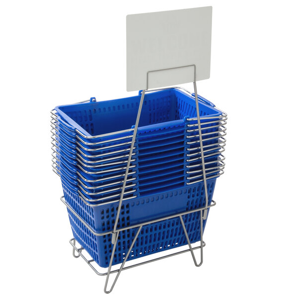 A stack of Regency blue plastic shopping baskets with a white sign on a stand.