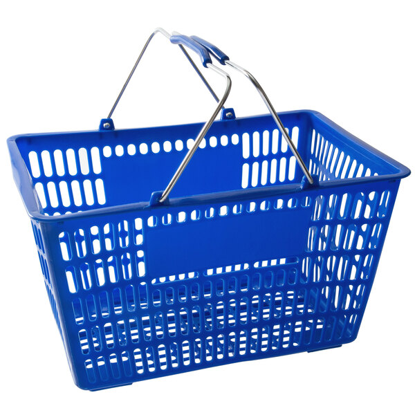 A Regency Blue plastic shopping basket with metal handles.