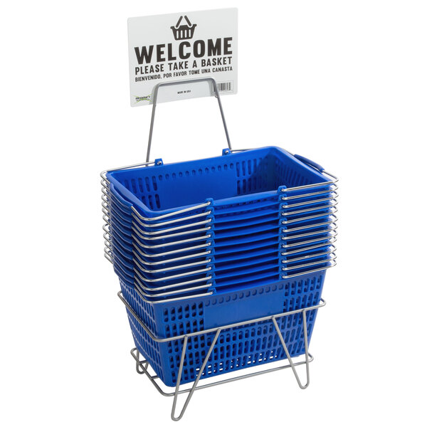 A stack of blue Regency shopping baskets with a white sign.