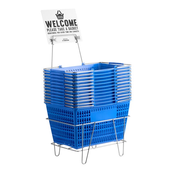 A stack of blue plastic grocery market shopping baskets with a metal stand and a sign on top.