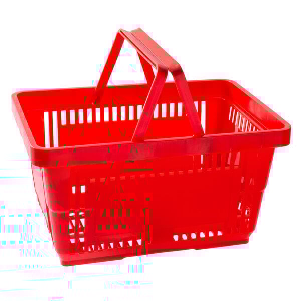 A red Regency plastic shopping basket with a handle.