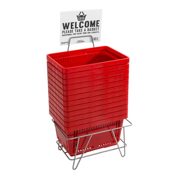 Regency Red 16 3/4" x 11 13/16" Plastic Grocery Market Shopping Baskets with Stand and Sign