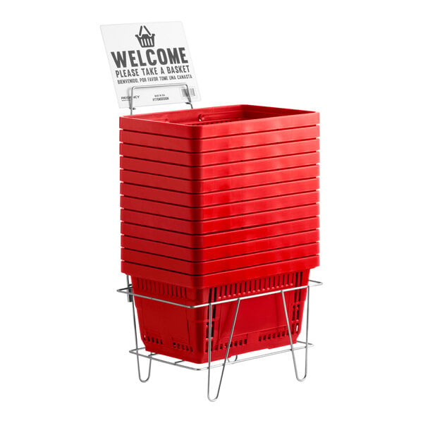 Regency Red 16 3/4" x 11 13/16" Plastic Grocery Market Shopping Baskets with Stand and Sign