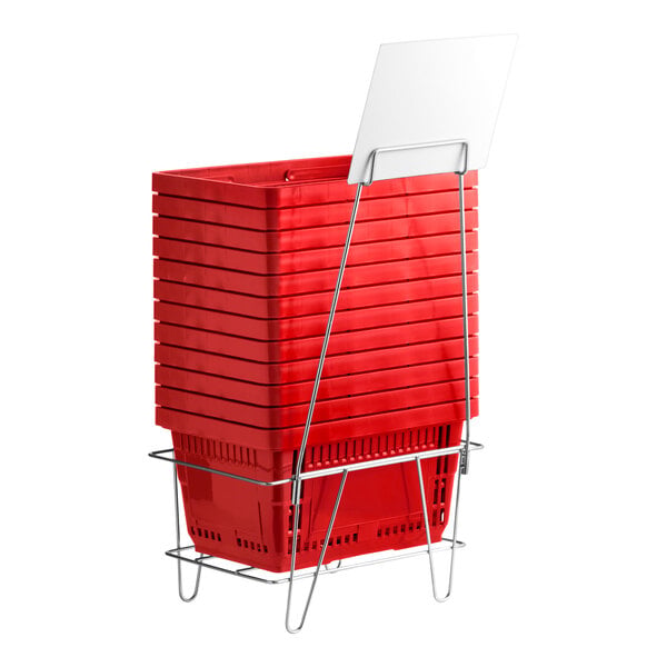 Regency Red 16 3/4" x 11 13/16" Plastic Grocery Market Shopping Baskets with Stand and Sign