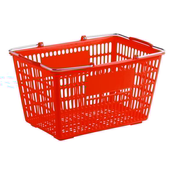 A red plastic grocery market shopping basket with a metal rim and rectangular ventilation holes.