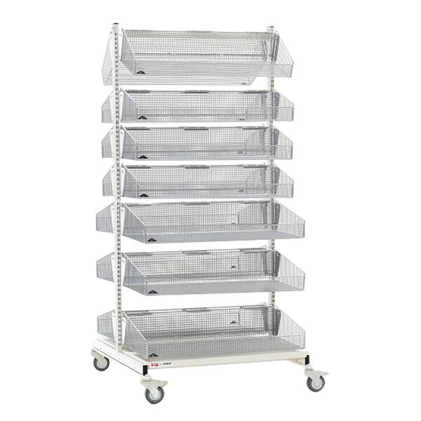 A Metro qwikSIGHT double sided metal shelf with seven baskets on it.