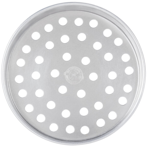 An American Metalcraft 7" Super Perforated Aluminum Pizza Pan with a circle in the middle.