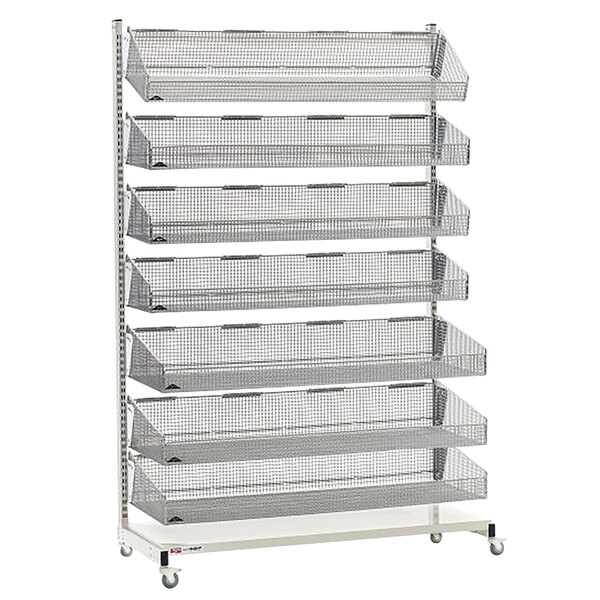 A Metro qwikSIGHT single-sided metal rack with seven basket shelves.