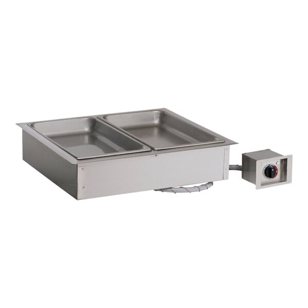 A stainless steel drop-in hot food well with two 4-inch deep pans and an external temperature control unit.