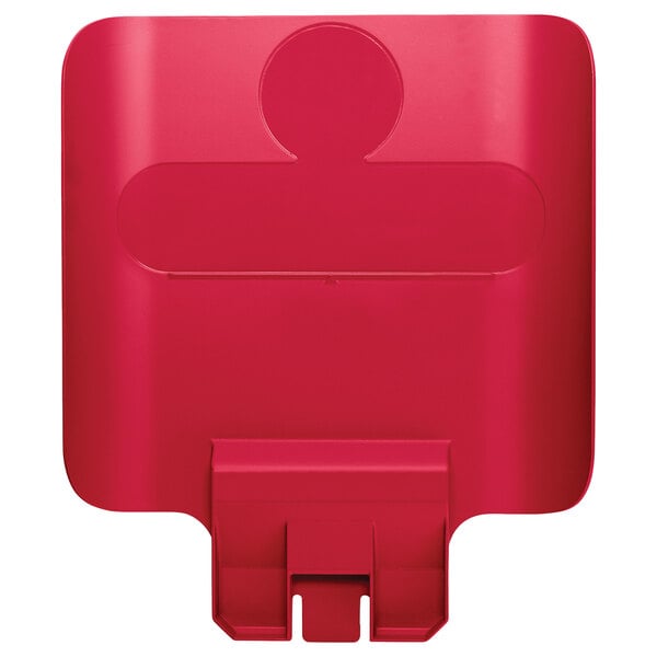 A close up of a red Rubbermaid Slim Jim recycling billboard with a hole in the middle.