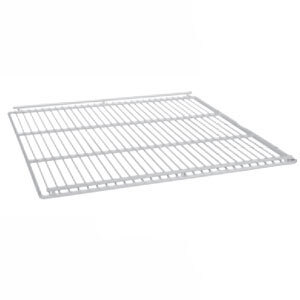 A white metal grid shelf.