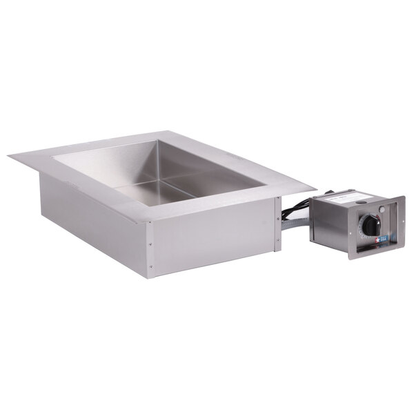 A stainless steel rectangular drop-in hot food well with a large flange.