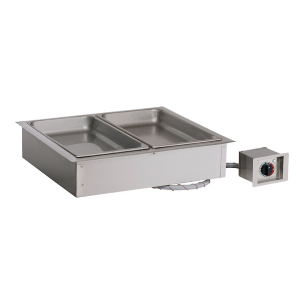 A stainless steel drop-in hot food well with two 4-inch deep pans and an external temperature control knob.