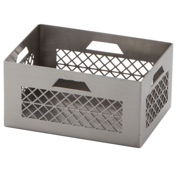 An American Metalcraft stainless steel rectangular crate with holes for sugar packets.