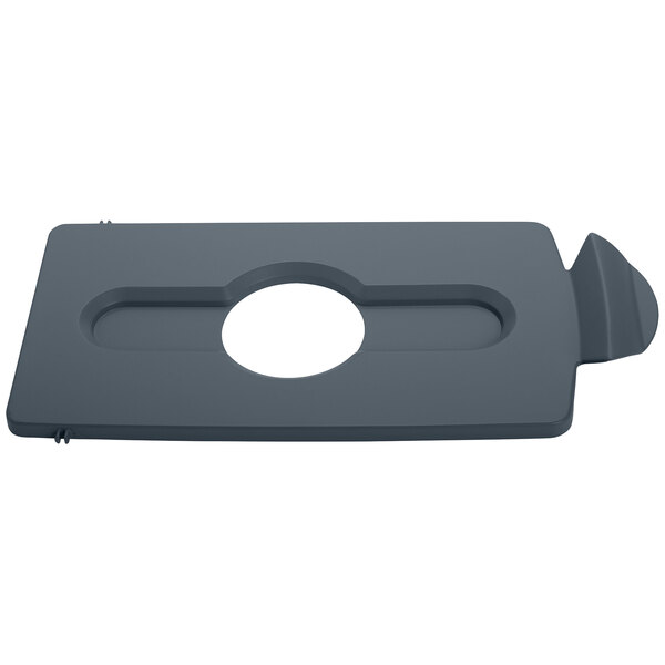A grey rectangular Rubbermaid lid insert with a white circle in the middle.