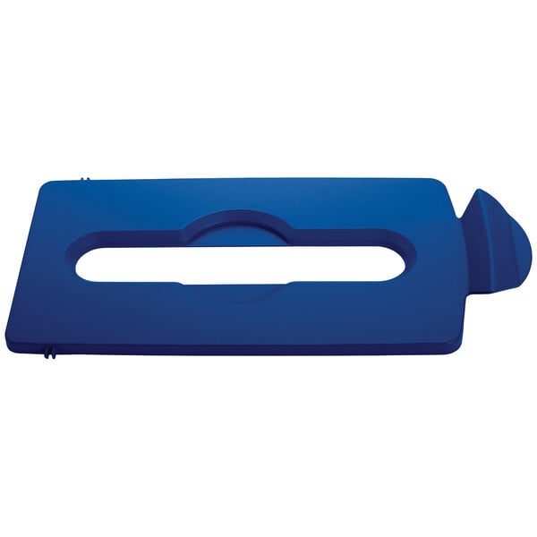 A blue rectangular Rubbermaid Slim Jim recycling lid with a hole.